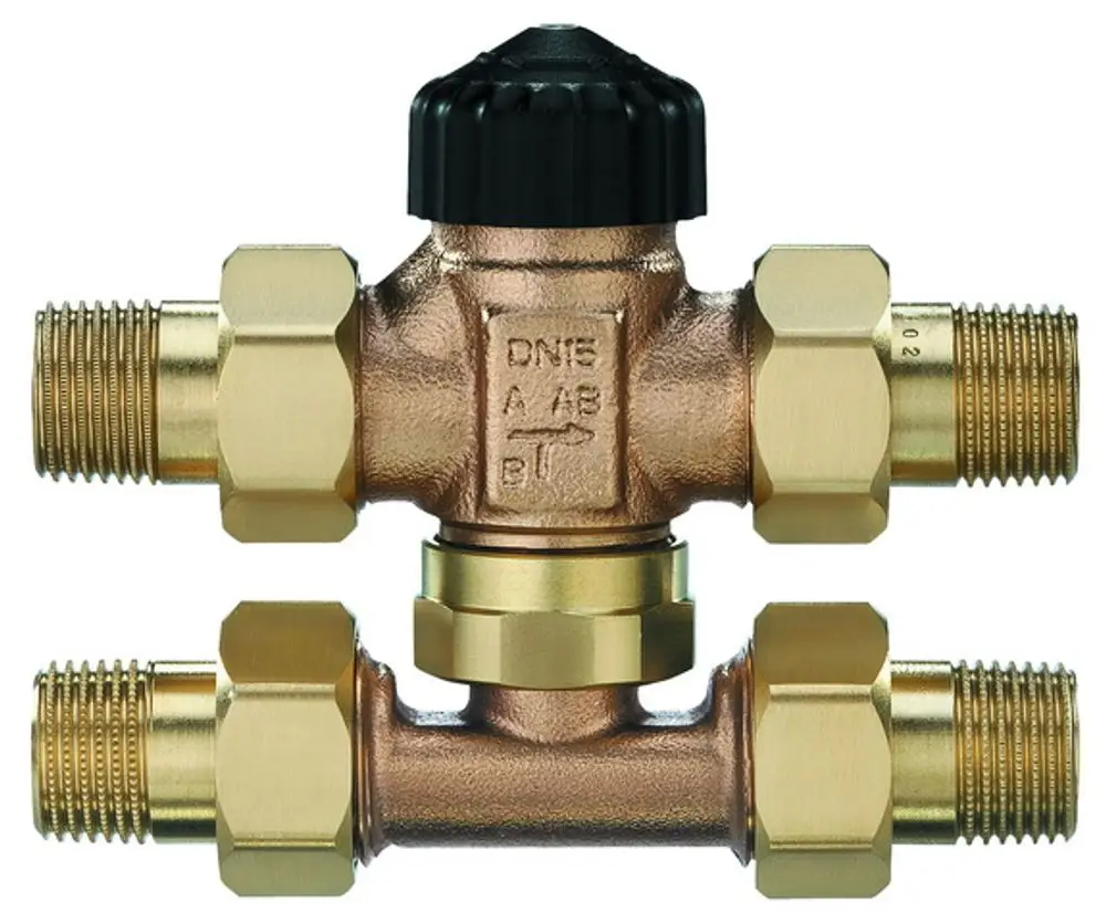 Dreiwege-Mischventil von IMI Hydronic Engineering mit T-Stück, für den Einsatz in Heizungs- und Kühlanlagen. Kupfer und Messing, Gewindeanschlüsse an beiden Seiten.